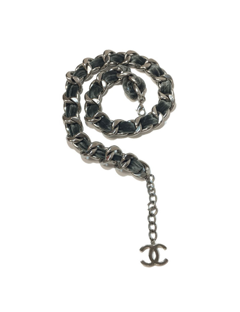 Ceinture CHANEL chaine métal argent velours gris
