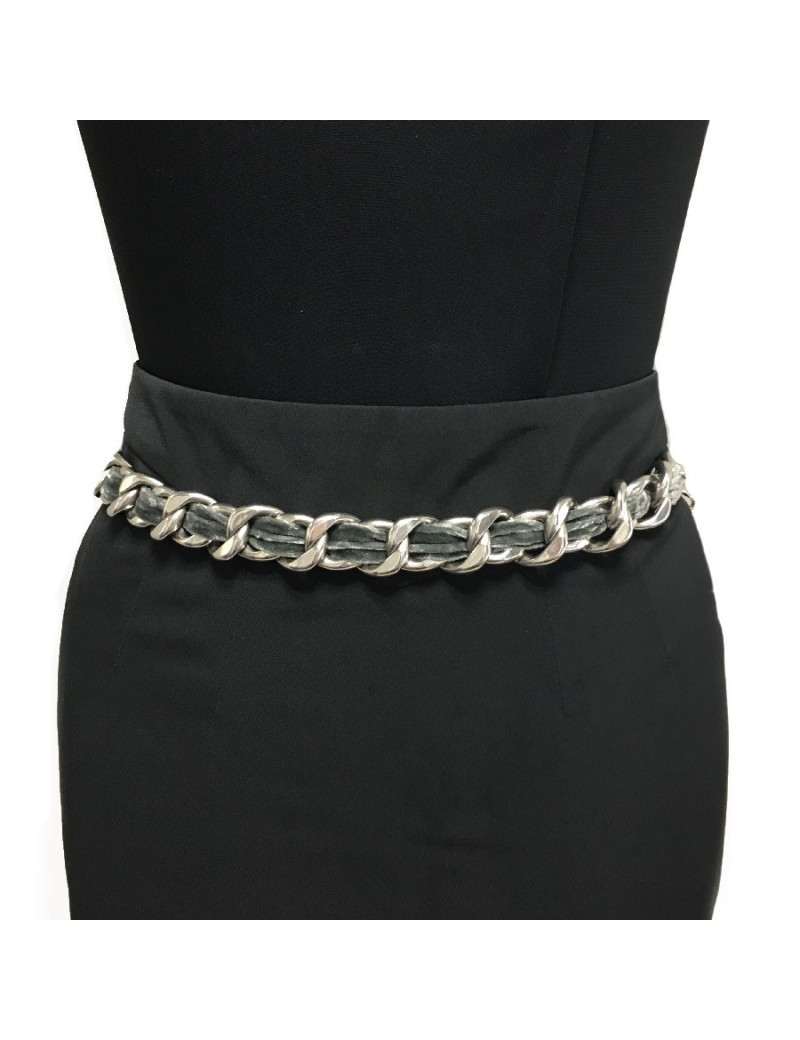 CHANEL belt in silver chain and gray velvet