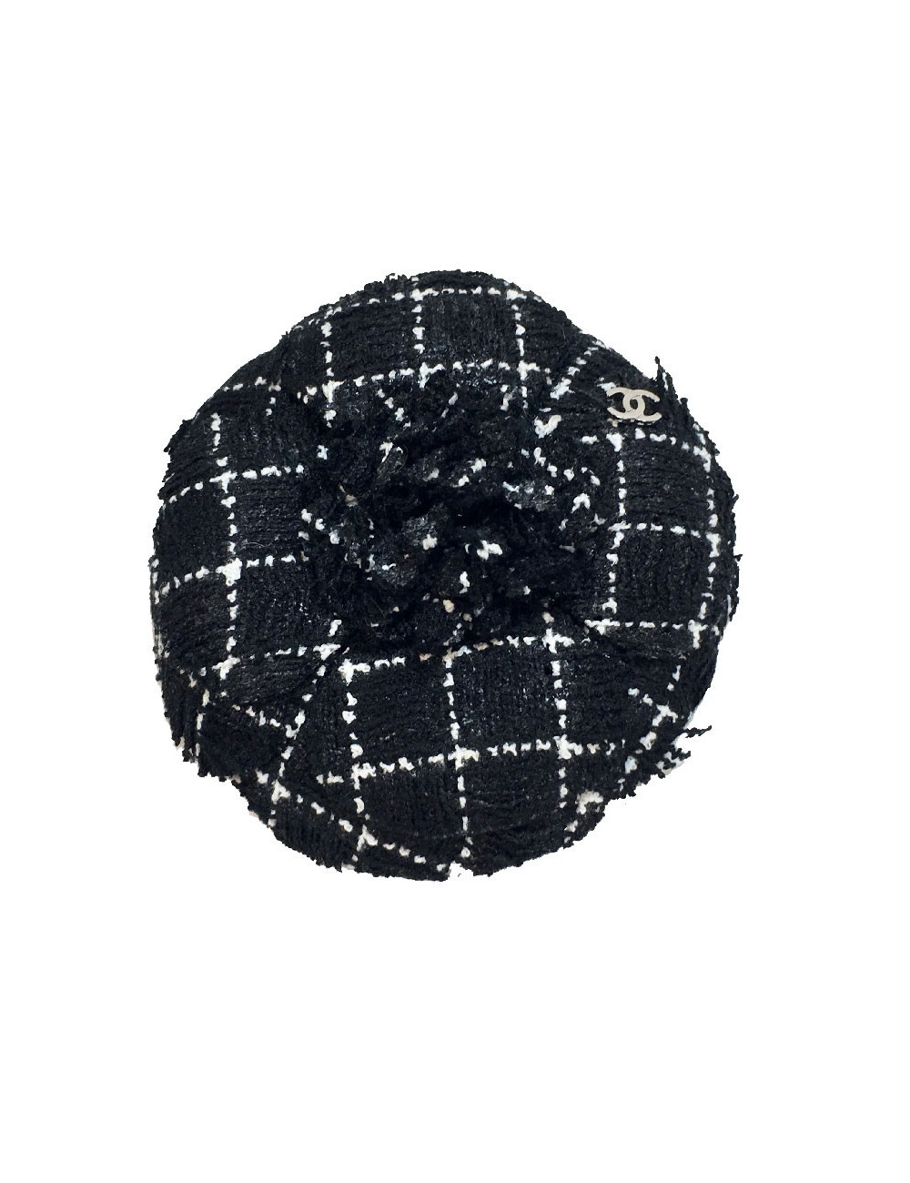 Broche CHANEL camélia tissu noir et blanc