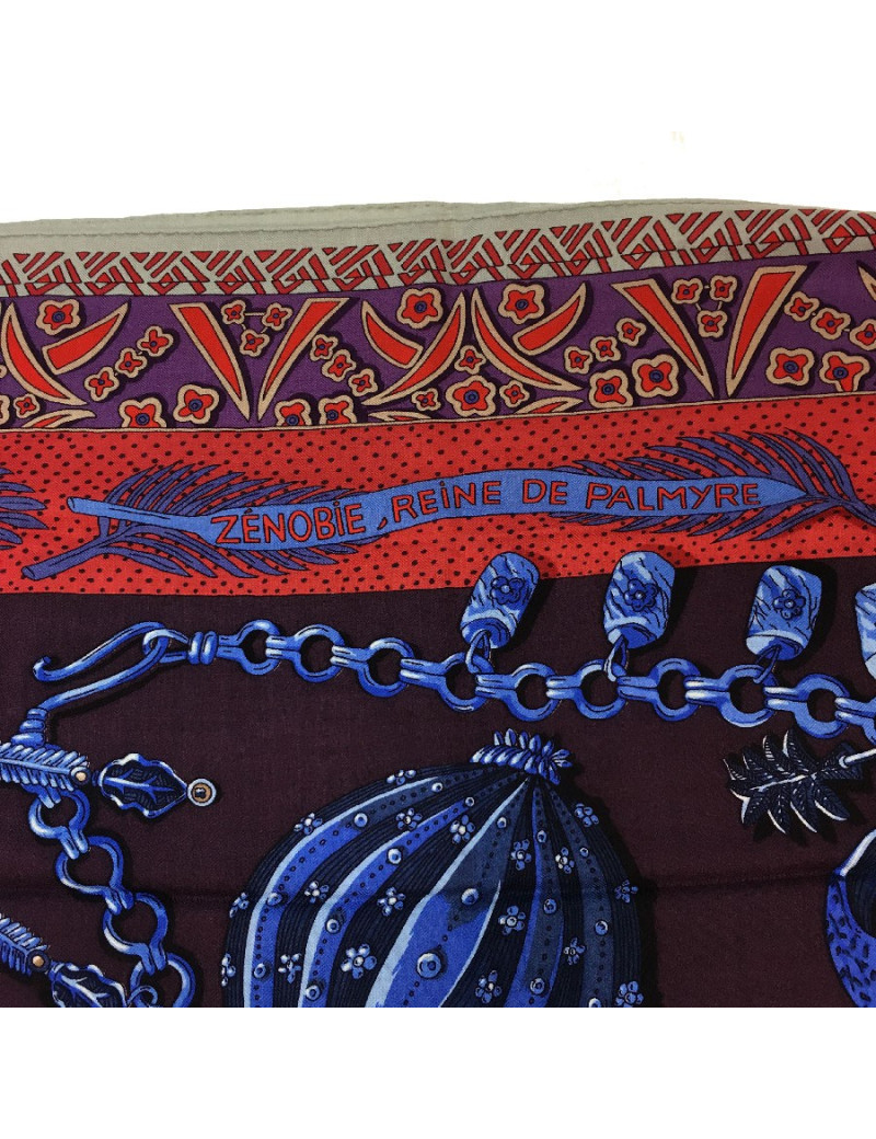 PRIX D'ACHAT Châle HERMES 140cm " Zenobie Reine de Palmyre" en soie et cachemire aubergine,bleu dur et rouge 