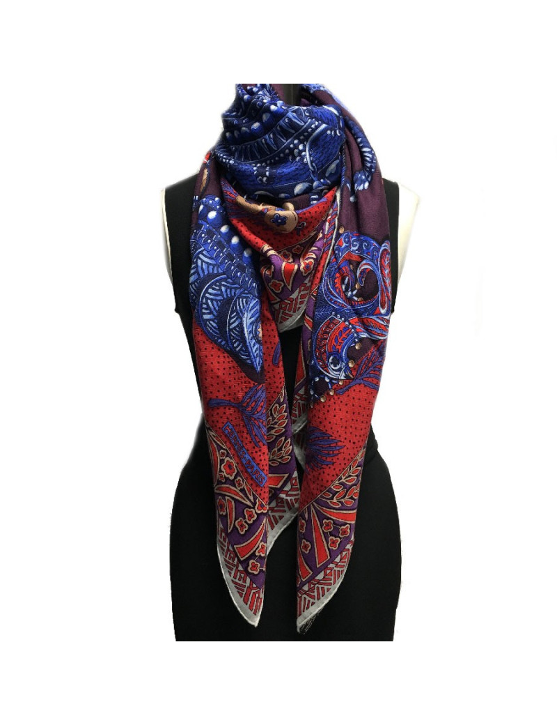PRIX D'ACHAT Châle HERMES 140cm " Zenobie Reine de Palmyre" en soie et cachemire aubergine,bleu dur et rouge 
