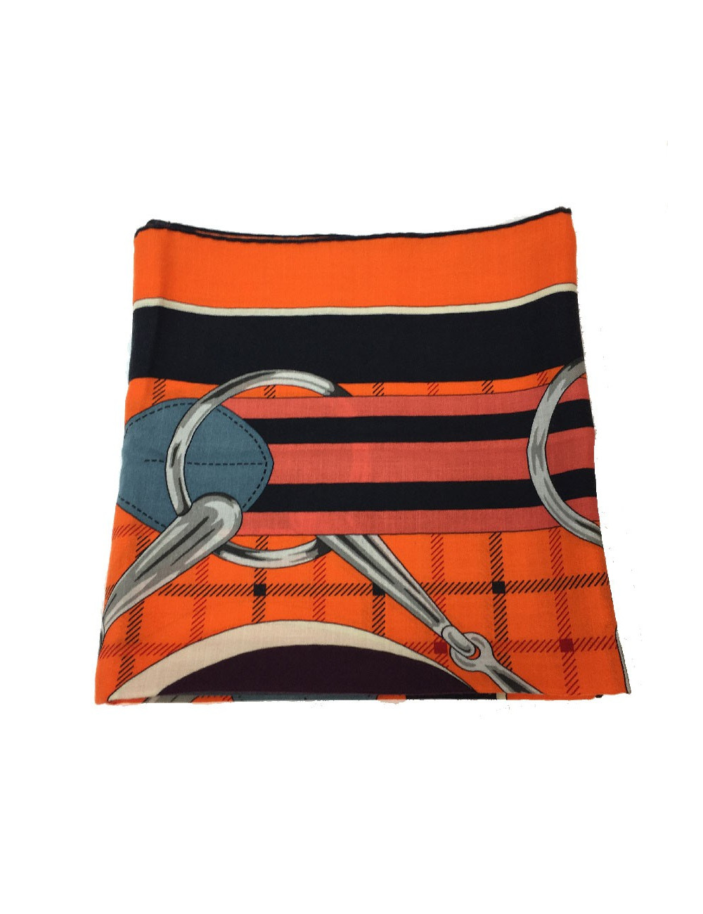 Carré HERMES " Tatersale" en soie et cachemire orange, noir et gris