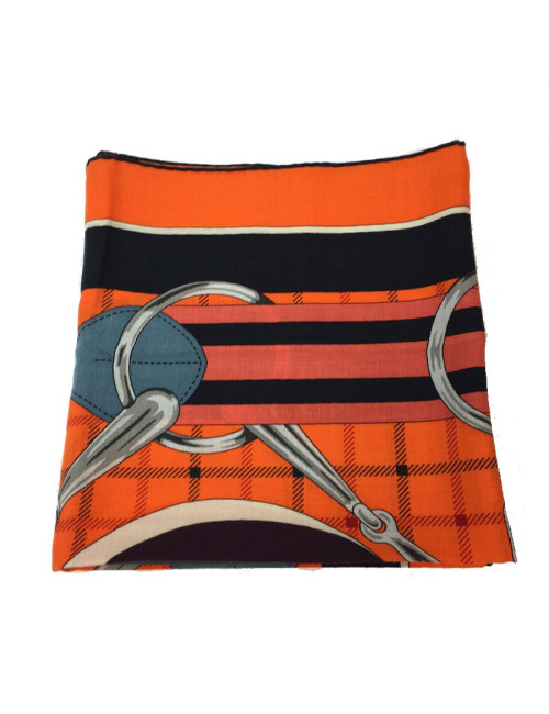 Carré HERMES " Tatersale" en soie et cachemire orange, noir et gris