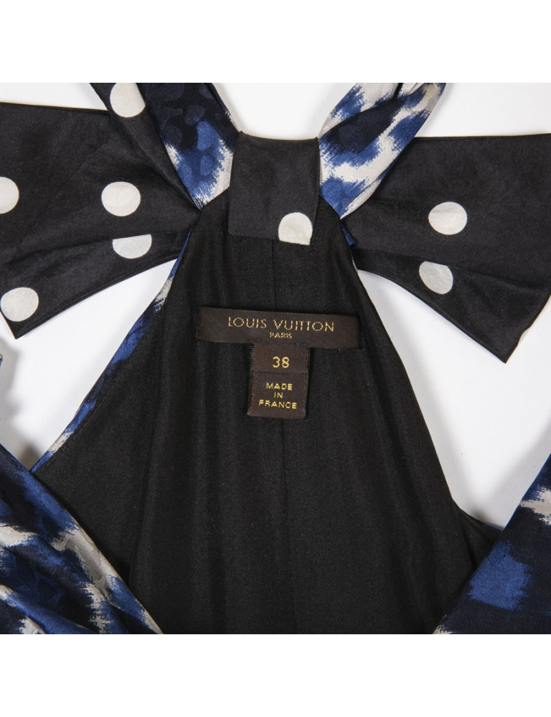 LOUIS VUITTON pleated dress in white and blue printed silk size 38