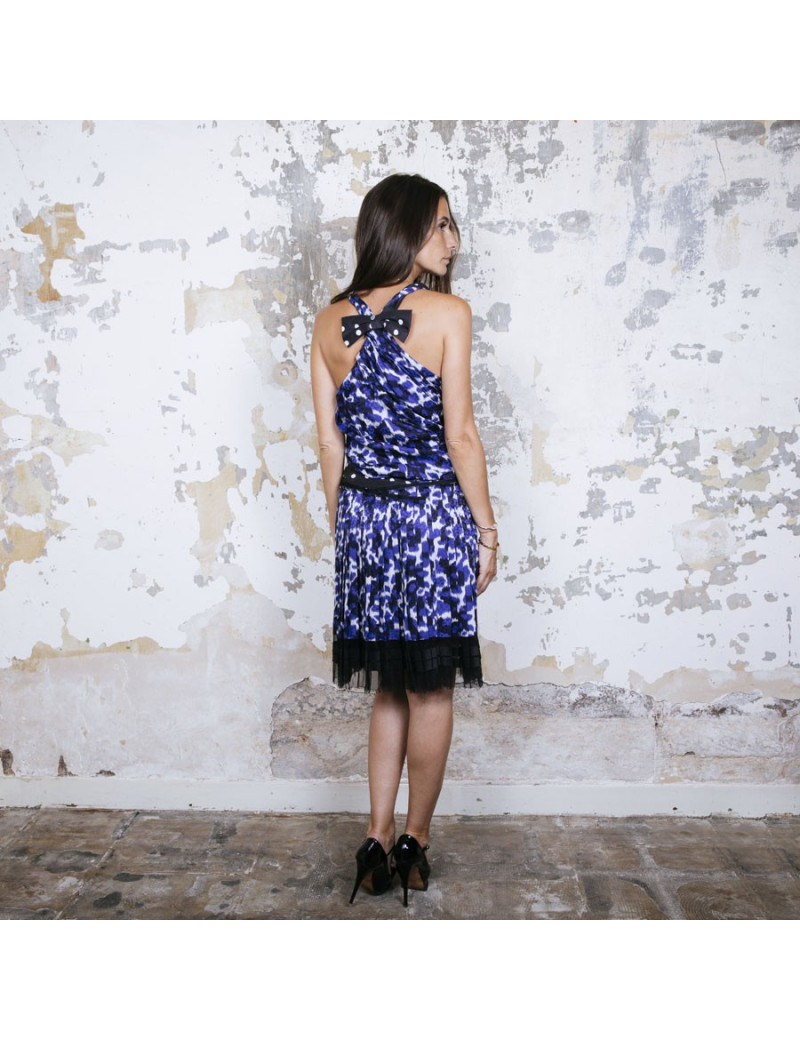 LOUIS VUITTON pleated dress in white and blue printed silk size 38