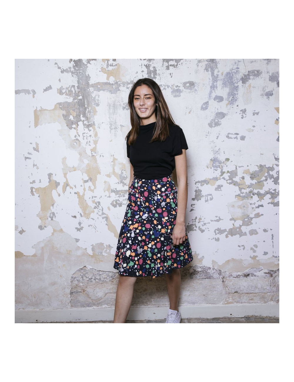 Jupe T36 CHANEL Tweed bleu et peinture multicolore