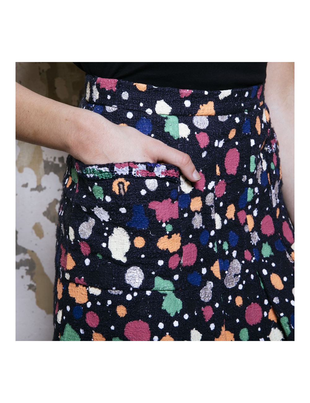 Jupe T36 CHANEL Tweed bleu et peinture multicolore