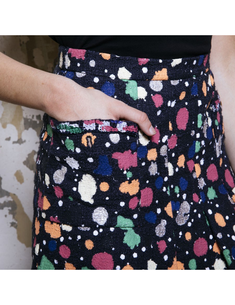 Jupe T36 CHANEL Tweed bleu et peinture multicolore
