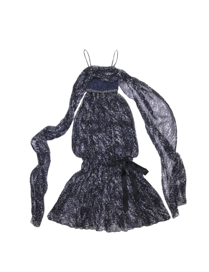 Robe longue du soir CHANEL T 34 en soie imprimée bleue et blanche