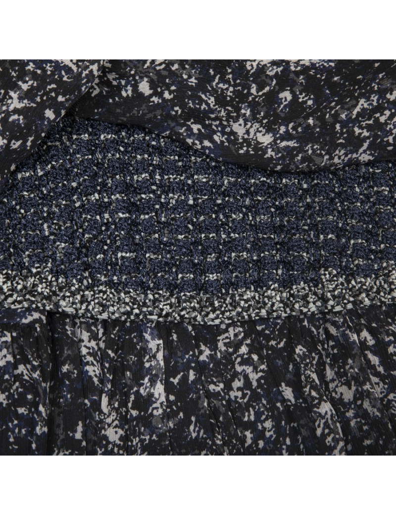 Robe longue du soir CHANEL T 34 en soie imprimée bleue et blanche