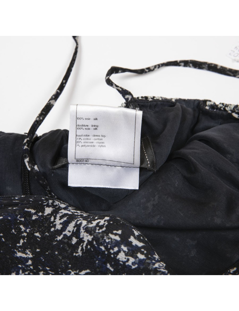 Robe longue du soir CHANEL T 34 en soie imprimée bleue et blanche