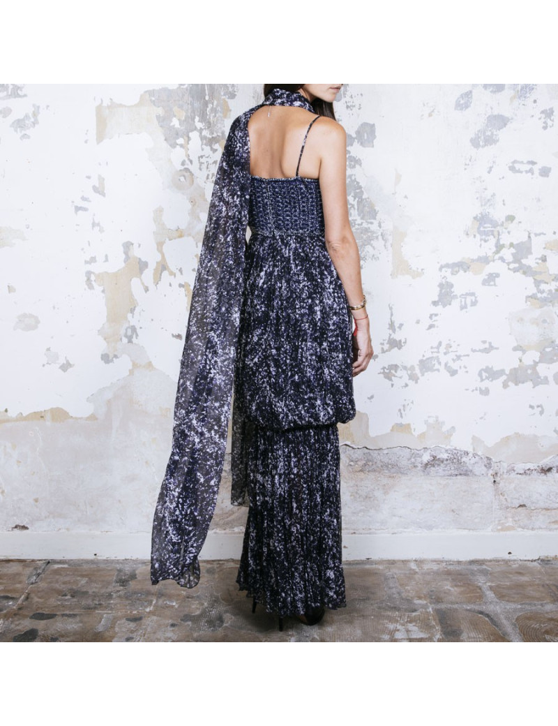 Robe longue du soir CHANEL T 34 en soie imprimée bleue et blanche