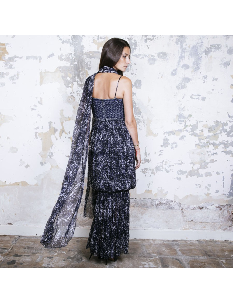 Robe longue du soir CHANEL T 34 en soie imprimée bleue et blanche