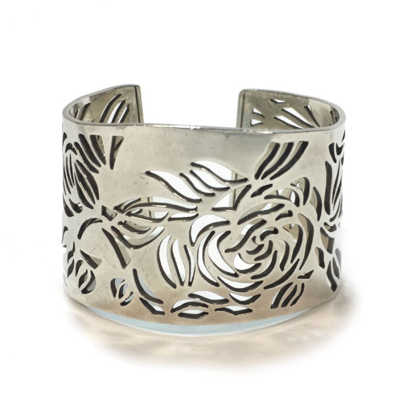 CHANEL 'camellias' cuff bracelet in sterling silver - VALOIS VINTAGE PARIS