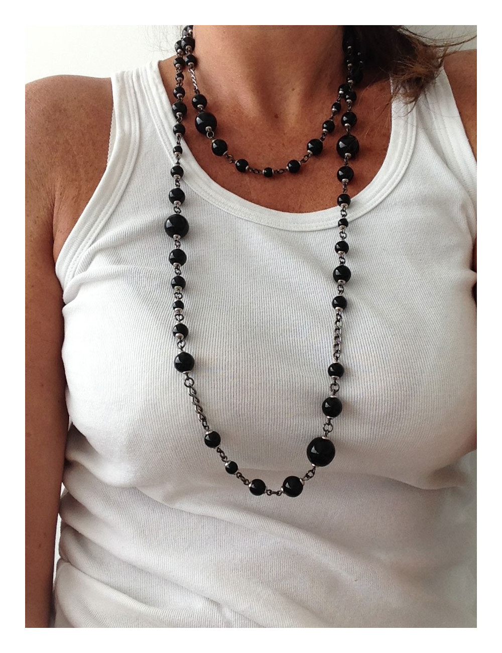 Sautoir MARGUERITE DE VALOIS en perles noires et ruthénium