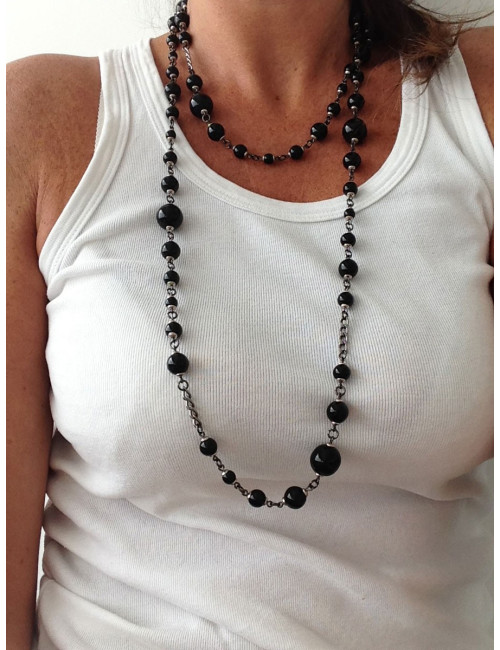 Sautoir MARGUERITE DE VALOIS en perles noires et ruthénium