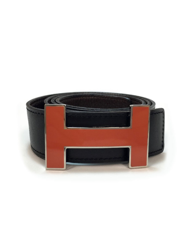 HERMES H reversible belt 80FR in black swift leather and brown epsom calfskin.