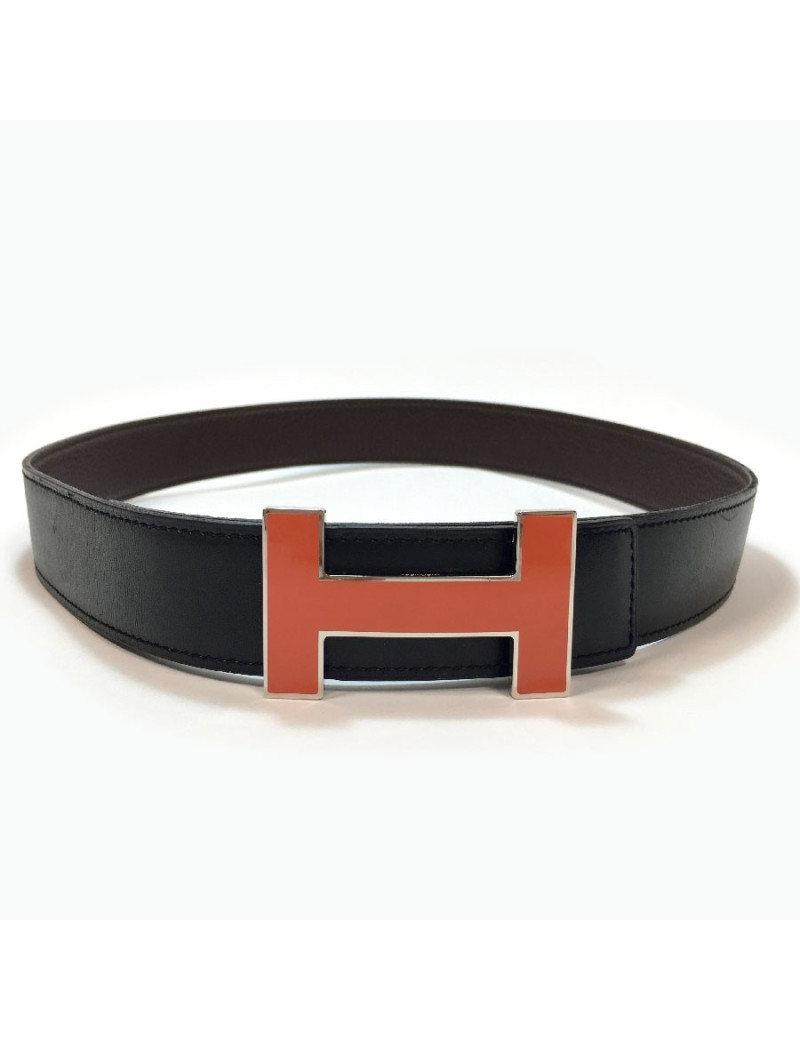 HERMES H reversible belt 80FR in black swift leather and brown epsom calfskin.