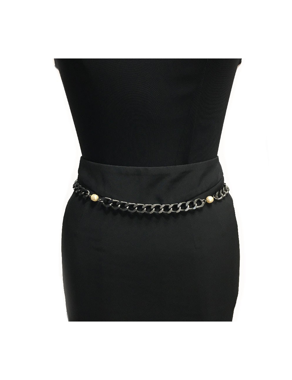  CHANEL ruthenium chain and pearly beads belt-necklace