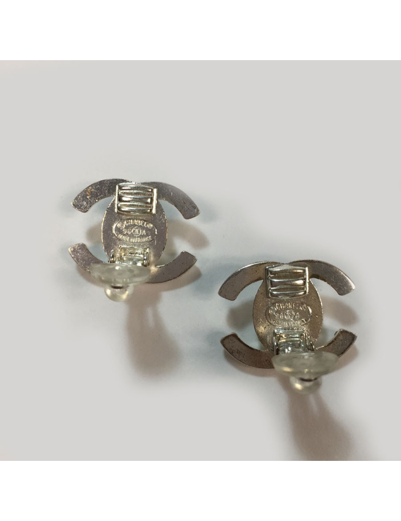 CHANEL vintage CC clip-on earrings in silver metal and rhinestones