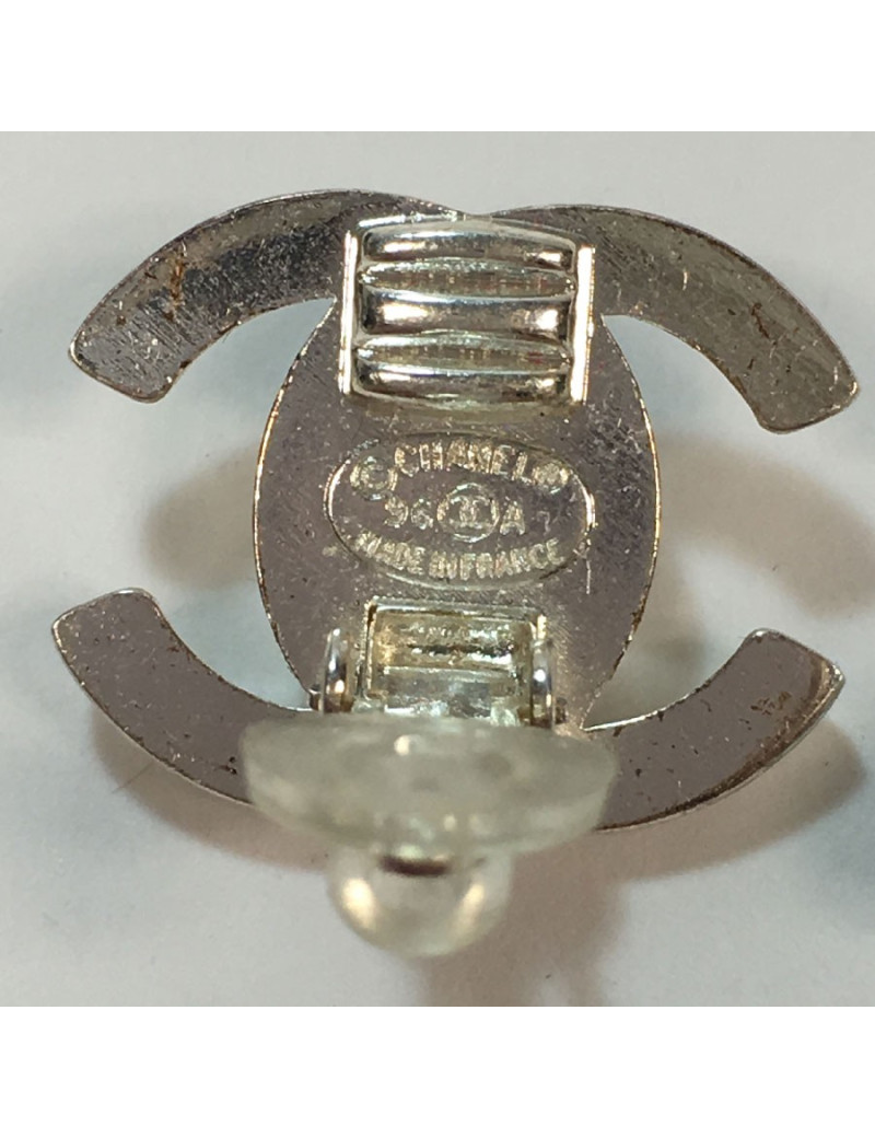 CHANEL vintage CC clip-on earrings in silver metal and rhinestones
