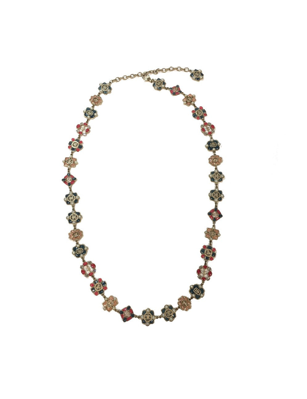 CHANEL long necklace in gold metal andmulticolored molten glass, rhinestones and pearls