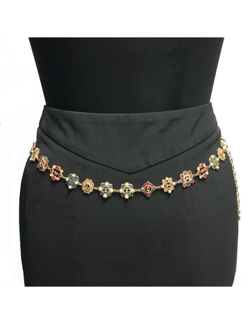 CHANEL long necklace in gold metal andmulticolored molten glass, rhinestones and pearls