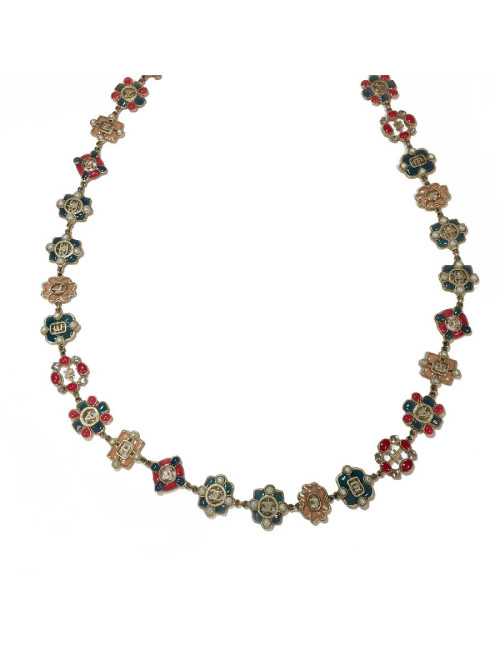 CHANEL long necklace in gold metal andmulticolored molten glass, rhinestones and pearls