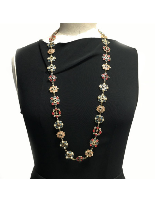 CHANEL long necklace in gold metal andmulticolored molten glass, rhinestones and pearls