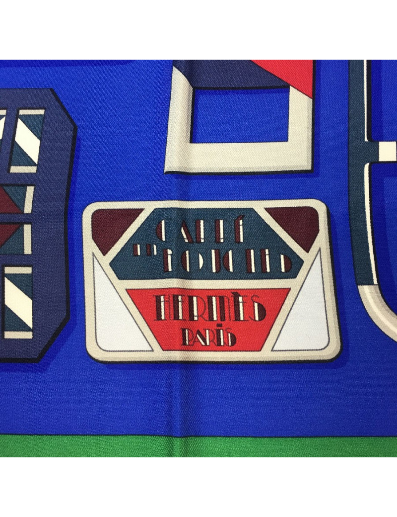 HERMES scarf " Carré en boucles" in royal blue, burgundy and green silk