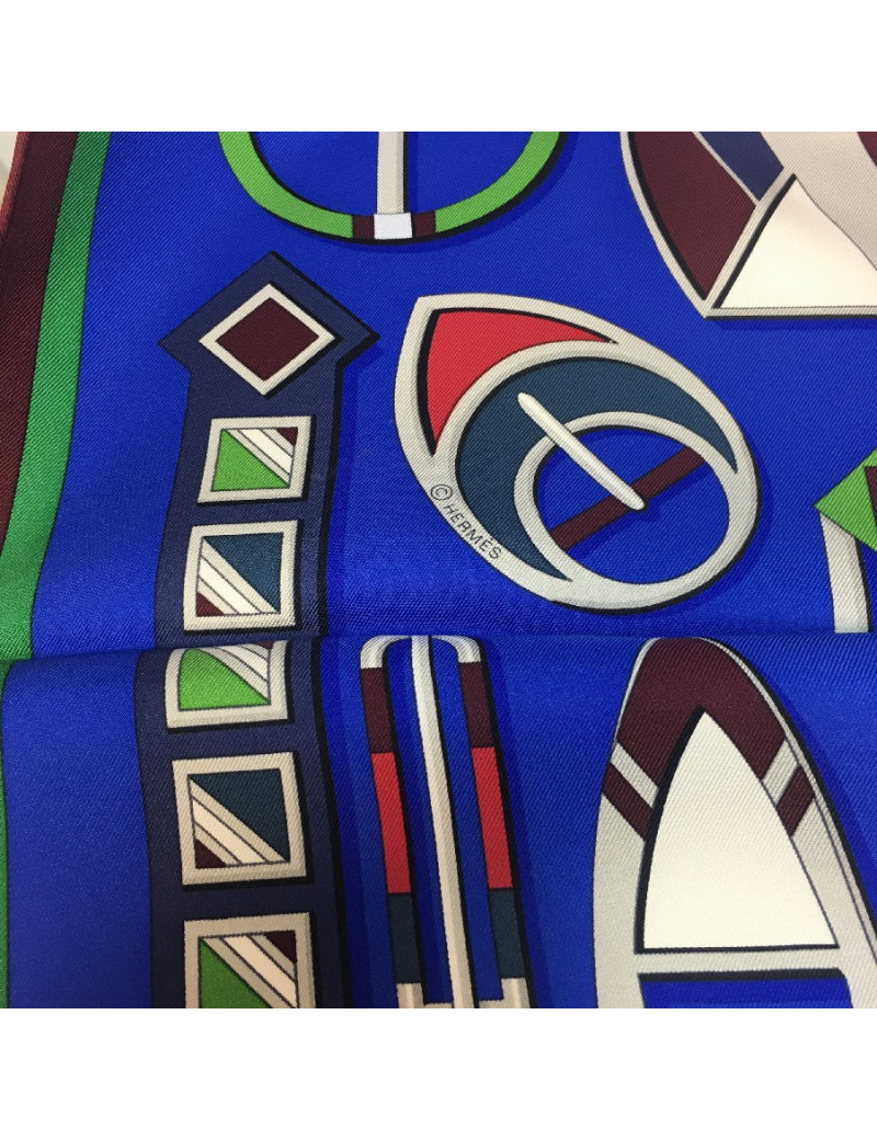 HERMES scarf " Carré en boucles" in royal blue, burgundy and green silk