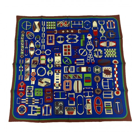 HERMES scarf " Carré en boucles" in royal blue, burgundy and green silk