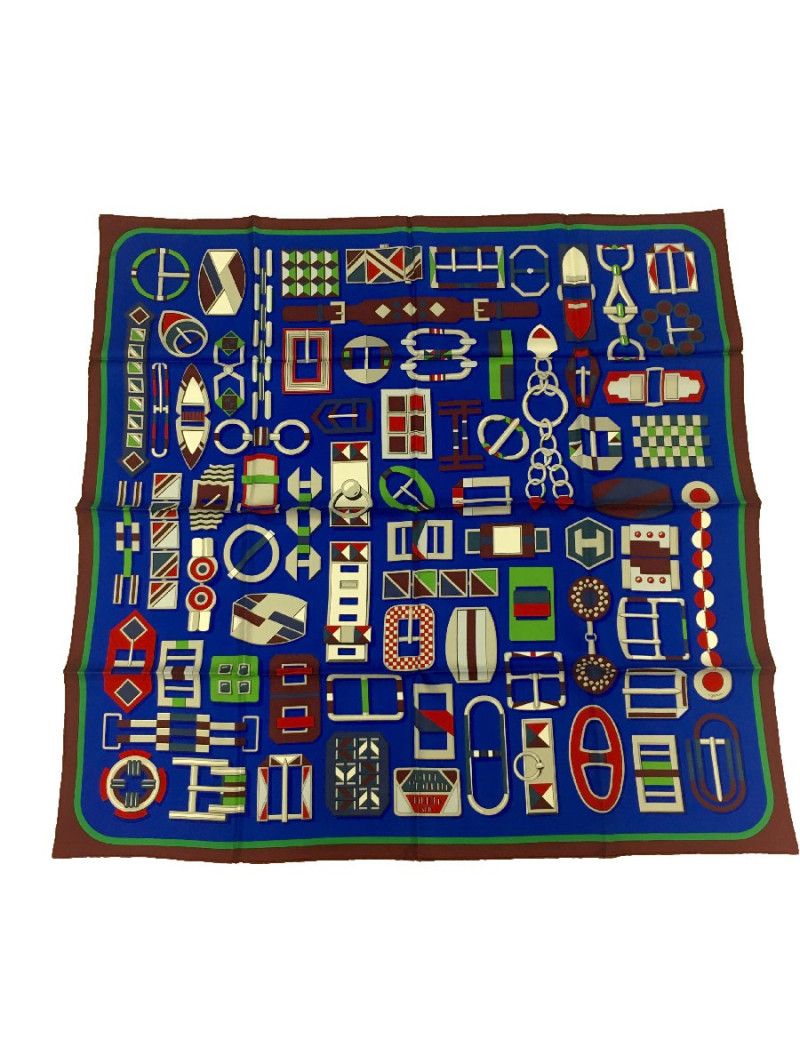 HERMES scarf " Carré en boucles" in royal blue, burgundy and green silk