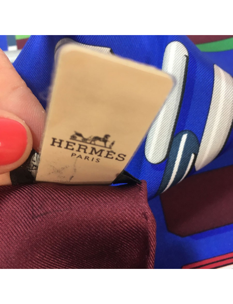 HERMES scarf " Carré en boucles" in royal blue, burgundy and green silk