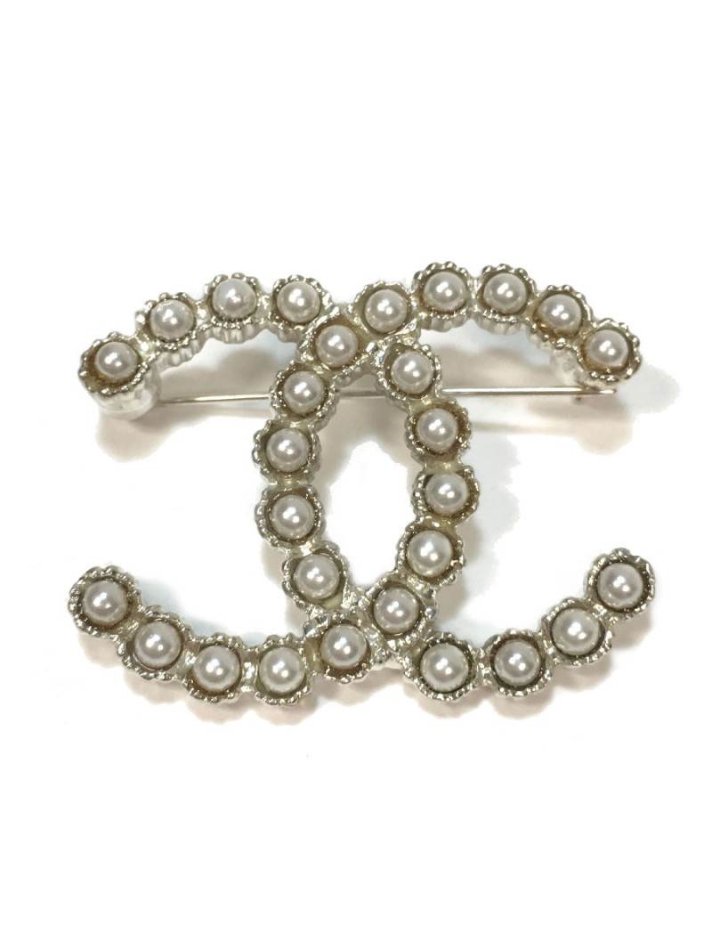 Broche CHANEL CC perles et métal argenté