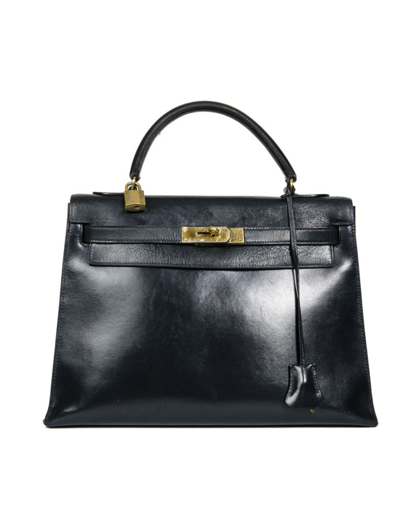 Sac kelly 32 HERMES piqûres sellier vintage bleu marine