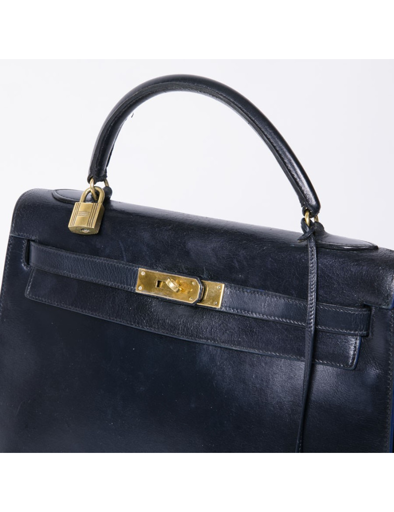 Sac kelly 32 HERMES piqûres sellier vintage bleu marine