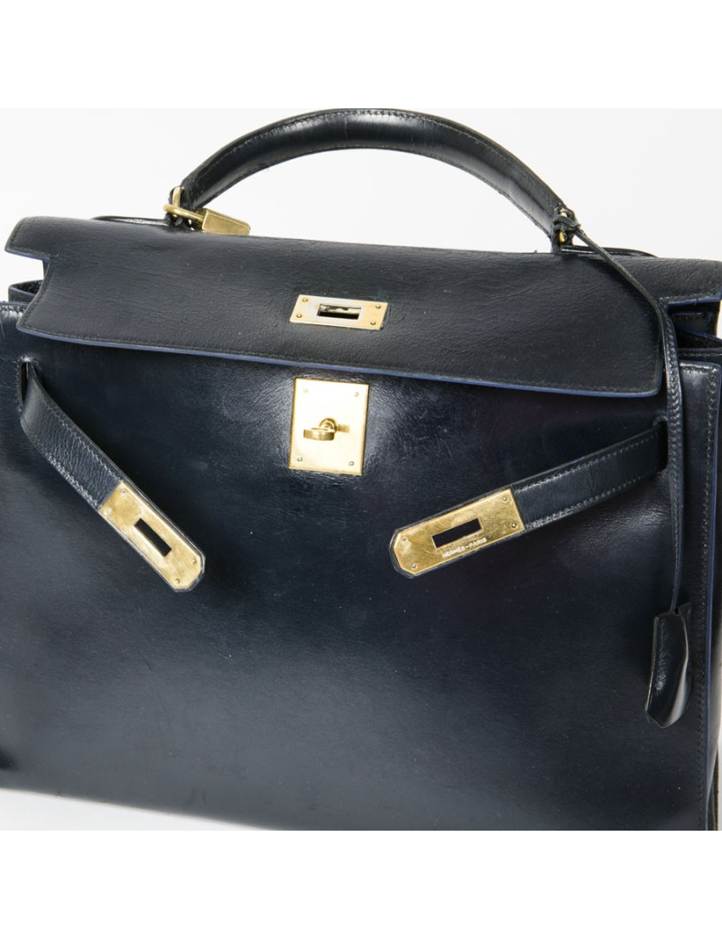 HERMES vintage Kelly 32 bag in navy blue box leather