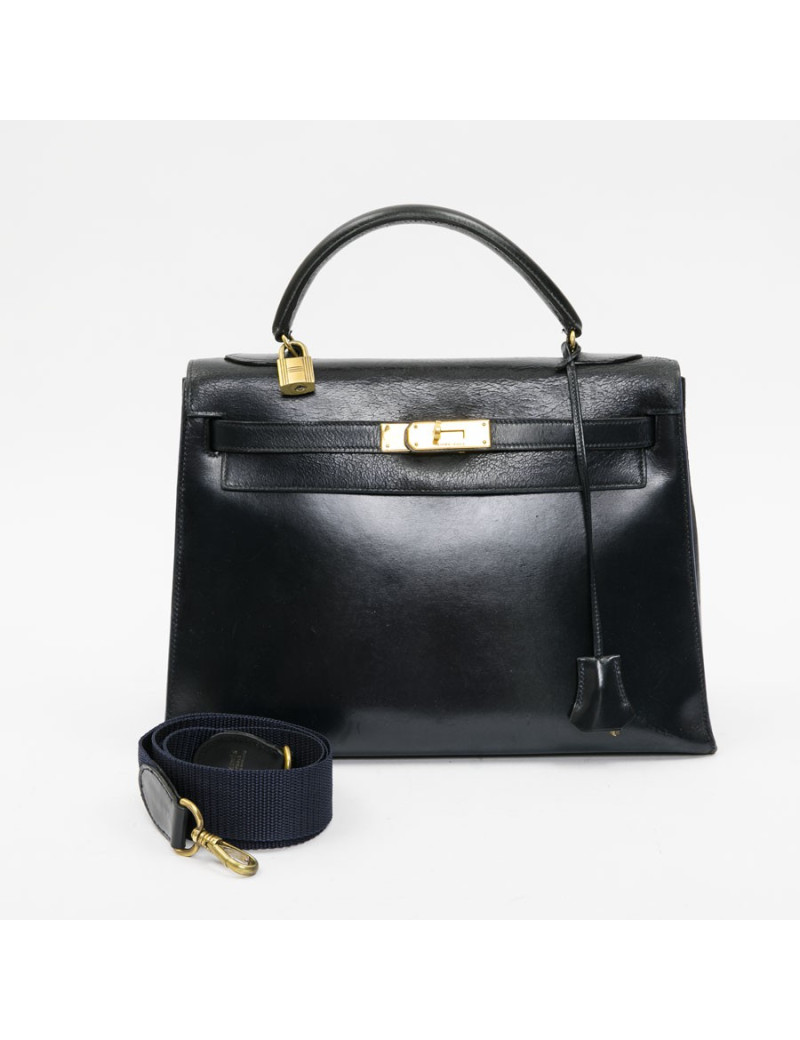 Sac kelly 32 HERMES piqûres sellier vintage bleu marine
