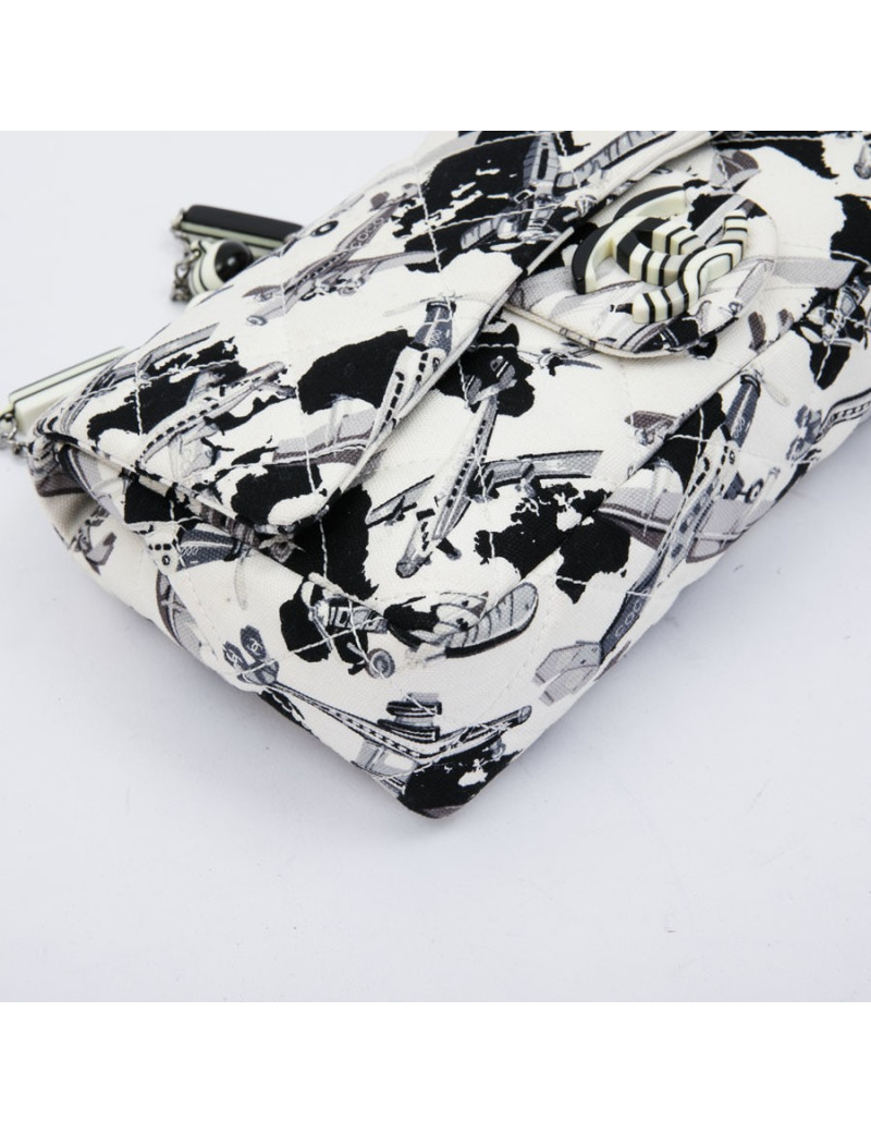 Sac CHANEL timeless en toile écrue et grise imrpimés avions