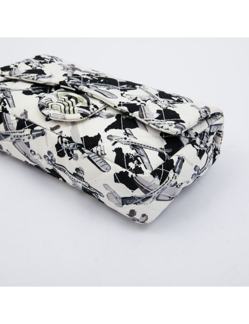 Sac CHANEL timeless en toile écrue et grise imrpimés avions