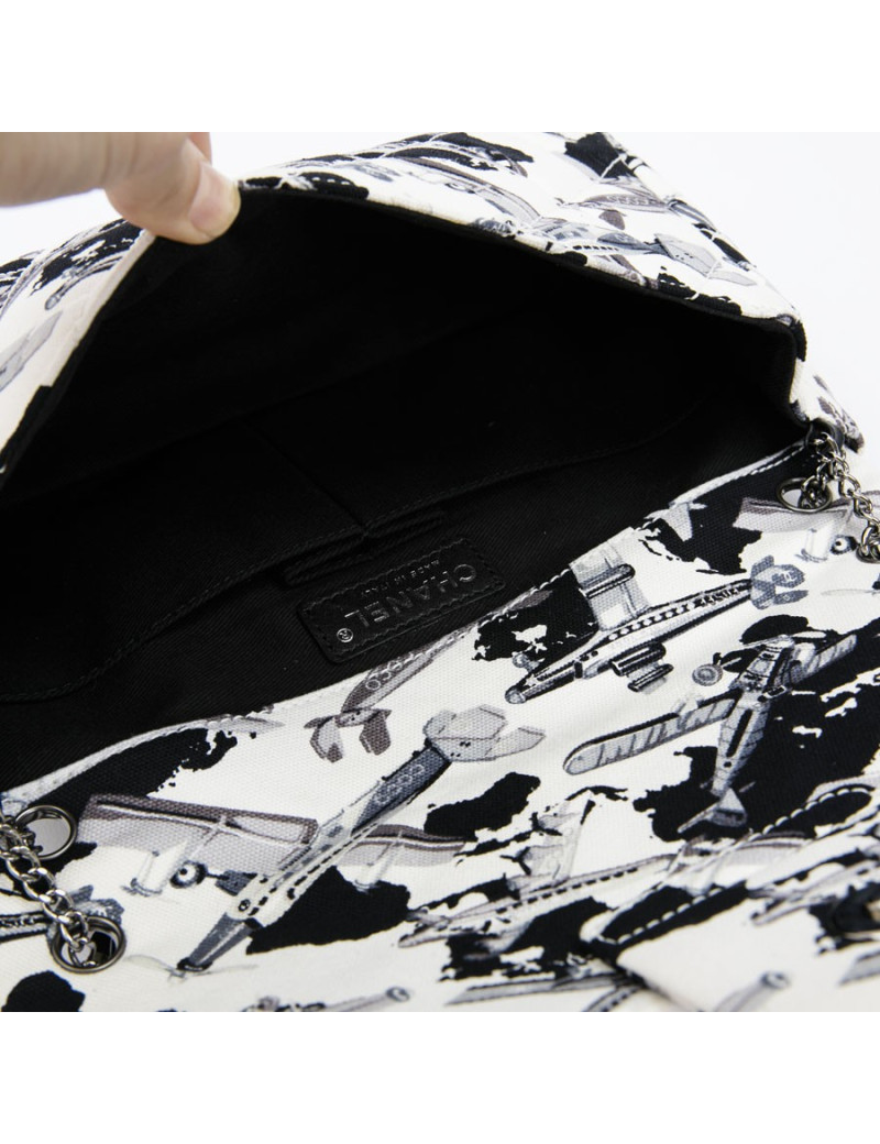 Sac CHANEL timeless en toile écrue et grise imrpimés avions