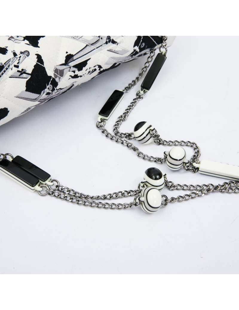 Sac CHANEL timeless en toile écrue et grise imrpimés avions