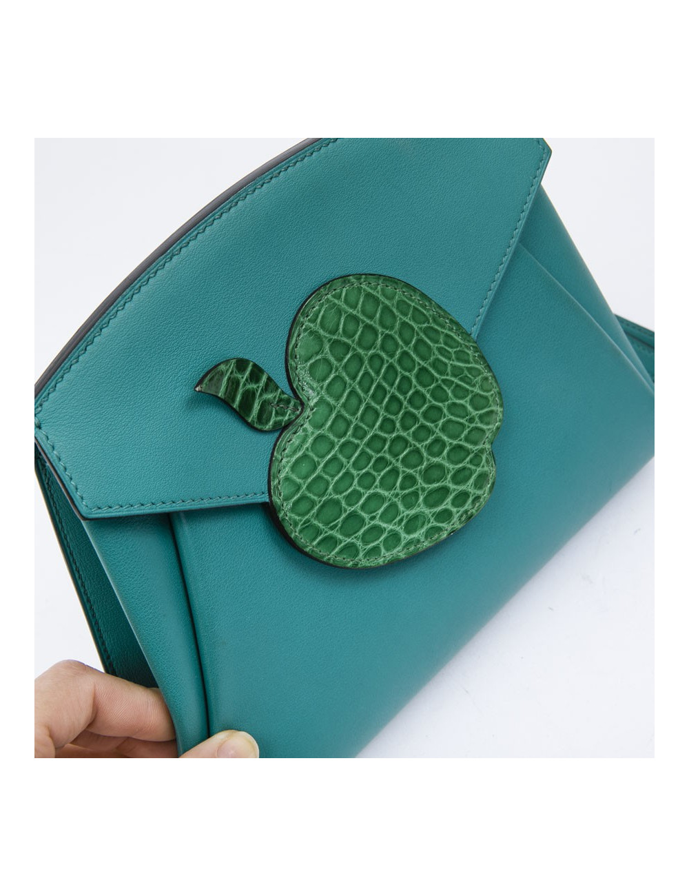 HERMES Tutti Frutti Hermail Bag in blue peacock tadelakt leather and green crocodile