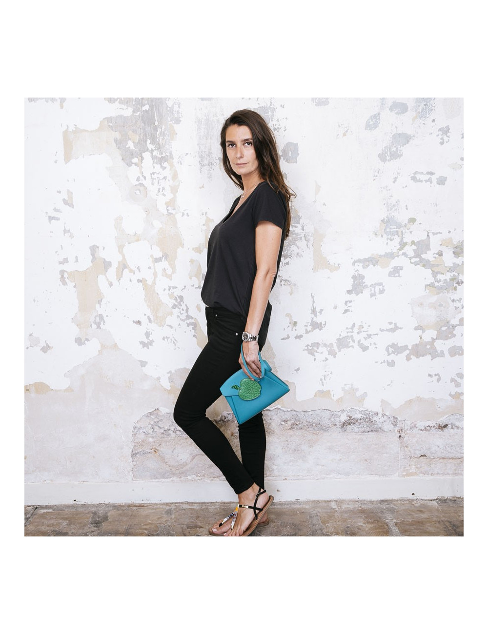 HERMES Tutti Frutti Hermail Bag in blue peacock tadelakt leather and green crocodile