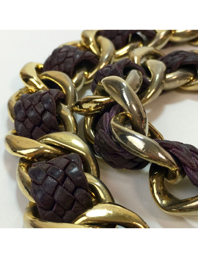 CHANEL vintage belt in gilt chain interlaced with purple braided leather