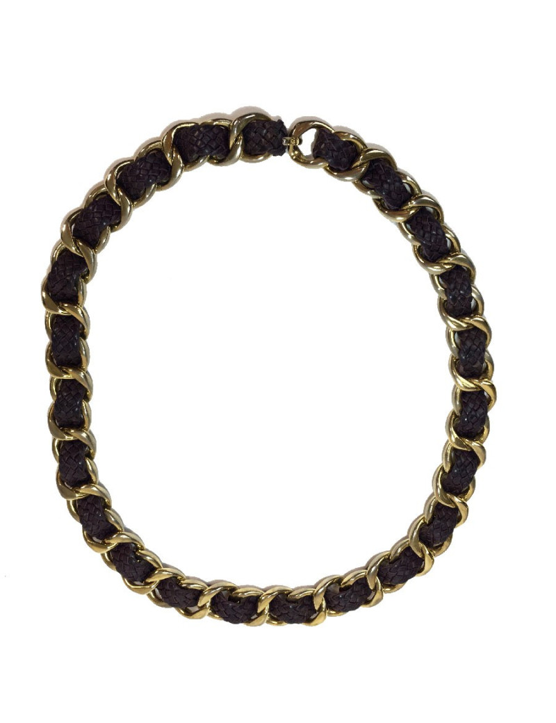 CHANEL vintage belt in gilt chain interlaced with purple braided leather