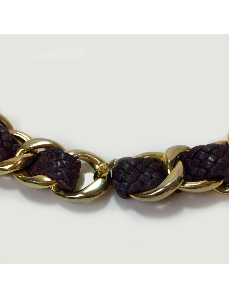 CHANEL vintage belt in gilt chain interlaced with purple braided leather