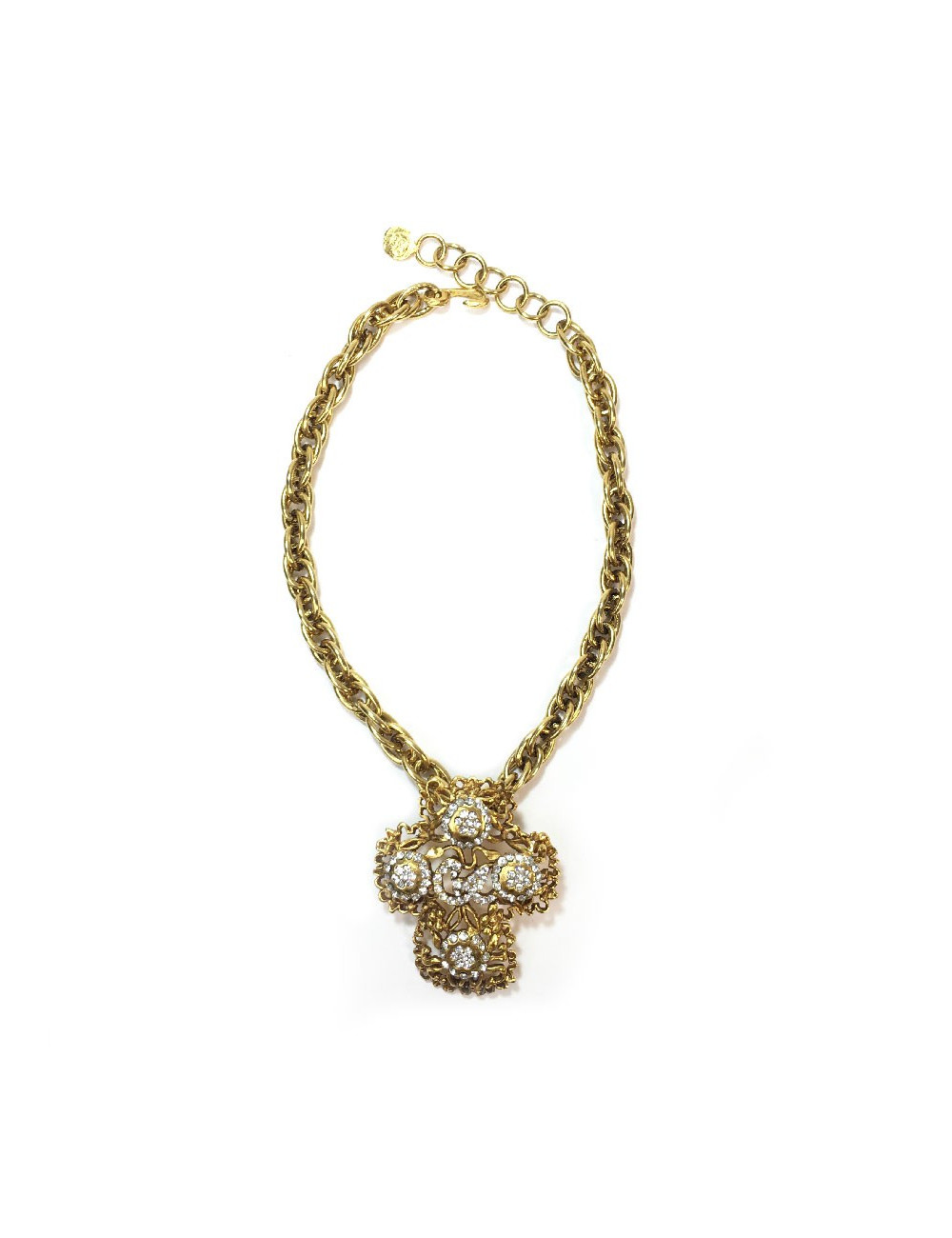 Collier CHRISTIAN LACROIX croix vintage en métal doré et strass