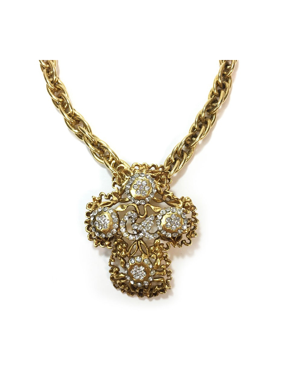 Collier CHRISTIAN LACROIX croix vintage en métal doré et strass